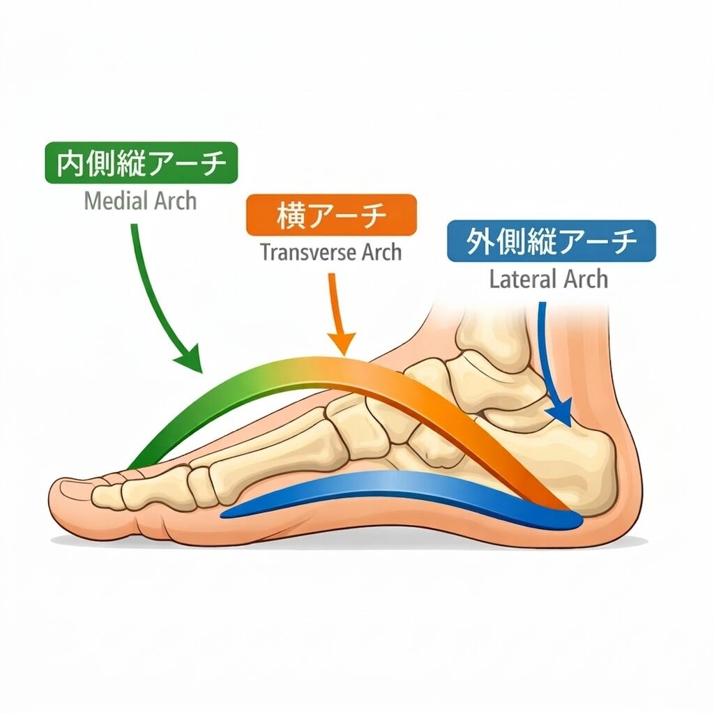 足のアーチ構造（内側縦アーチ・横アーチ・外側縦アーチ）